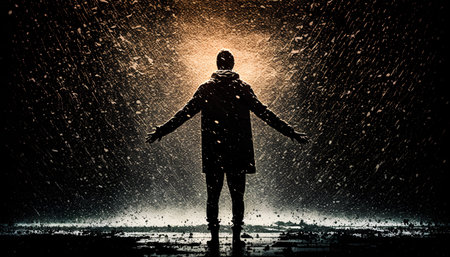 Silhouette of a man standing in the rain. Mixed mediaの素材
