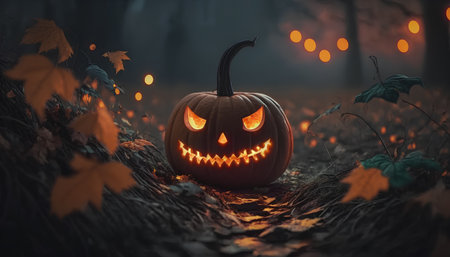 Halloween pumpkin in the forest at night. 3d rendering.の素材