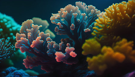 Beautiful colorful corals on dark background. 3d illustration.の素材