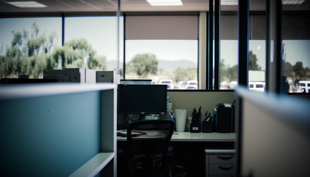 Modern office interior with computers and a large window. Selective focusの素材