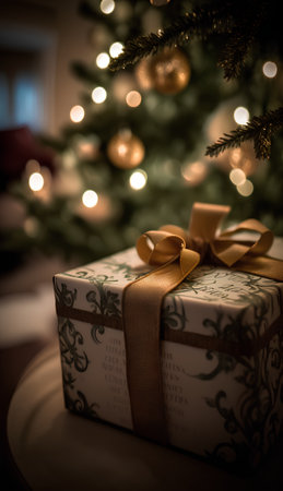 Christmas gift box and Christmas tree in the background. Selective focus.の素材