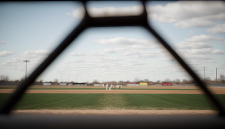 Baseball field, view through the window of a baseball field.の素材