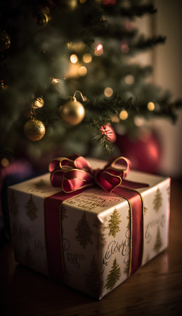 Christmas tree and gift box on wooden table. Christmas background. Selective focus.の素材