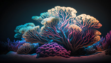 Colorful coral reef on a dark background. 3D illustration.の素材