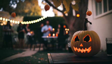 Halloween pumpkin Jack O Lantern with burning candles on background of group of people.の素材