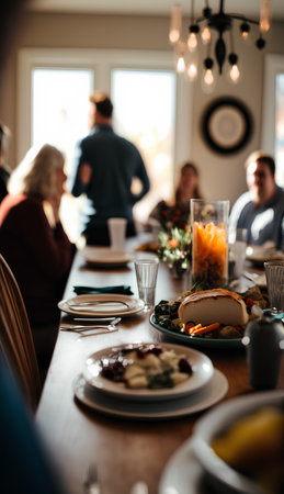 Close-up of a dinner table with a variety of food.の素材