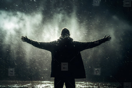 Silhouette of a man in the rain with his arms outstretchedの素材