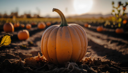 Pumpkin patch on sunny Autumn day. Seasonal natural scene.の素材