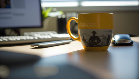 Coffee cup on the desk in the office. Selective focus.の素材