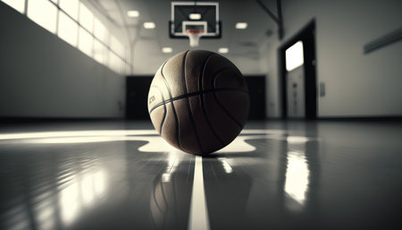 Basketball ball on floor in the gym. 3D rendering.の素材