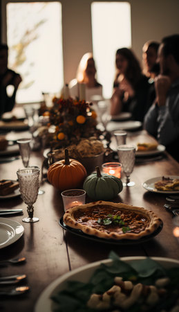 Happy Thanksgiving Day. Family having dinner together at home. Selective focus.の素材