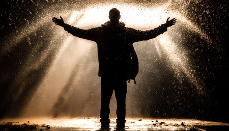Silhouette of a man with arms outstretched in the rainの素材
