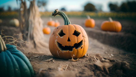 Halloween pumpkins in the field. Selective focus. Holiday.の素材