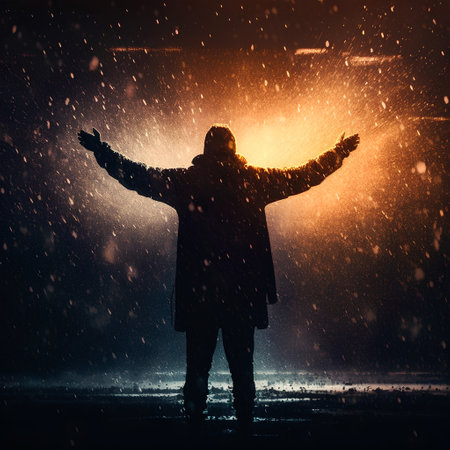 Man in winter clothes with hands up in the air in the rainの素材