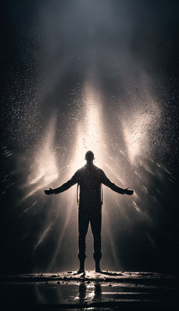 Silhouette of a man in a raincoat on a dark backgroundの素材