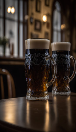 Two glasses of dark beer on a wooden table in a pub.の素材