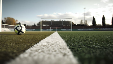 Soccer field with white line and football goal in the background.の素材