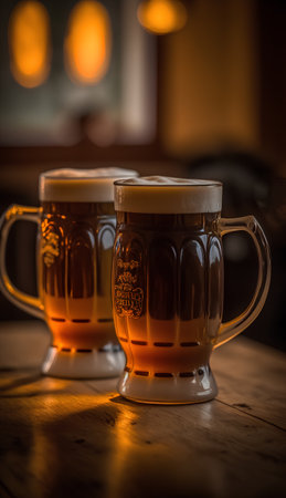 Two beer mugs on a wooden table in a pub. Close-up.の素材