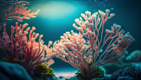 Beautiful underwater world with corals and tropical fish. 3d renderingの素材