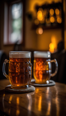 Mug of beer on a wooden table in a pub. Selective focus.の素材