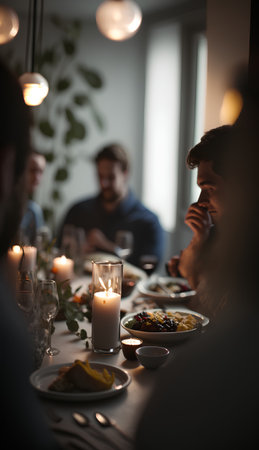Group of people having dinner together at home. Focus on candles in foregroundの素材