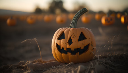 Halloween pumpkins in a field at sunset. Selective focus.の素材
