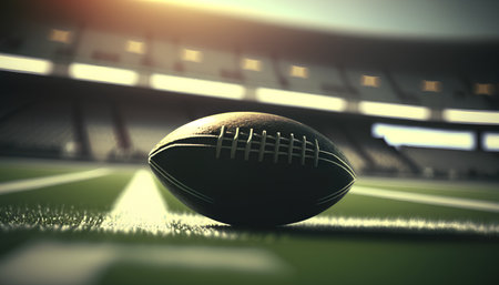 3D render of a rugby ball on an american football fieldの素材