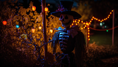 Halloween concept. Scary skeleton in the cemetery at night.の素材