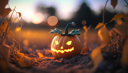 Halloween pumpkin in the field at sunset. Selective focus.の素材