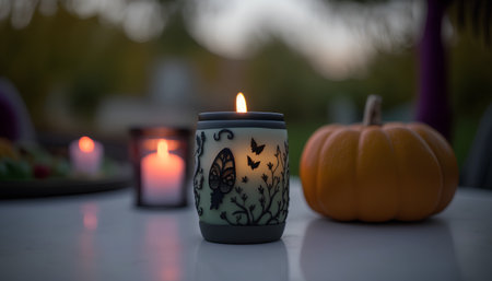 Candle in the shape of a butterfly on the background of pumpkinsの素材