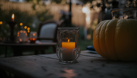 Pumpkin and burning candle in a glass vase on a wooden tableの素材