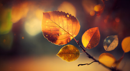 Autumn leaves on a branch with bokeh background, tonedの素材