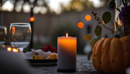 Beautiful table setting with candles and pumpkins at sunset, selective focusの素材
