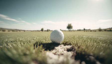 Golf ball on green grass ready to be shot into hole.の素材
