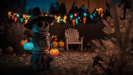 Halloween pumpkin scarecrow on a background of colorful lights. Selective focus.の素材