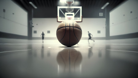 Basketball ball on the court in the gym. 3d renderingの素材