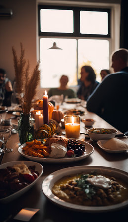 Table served for Thanksgiving dinner with pumpkins, cornflakes, bread and candlesの素材