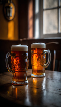 Two glasses of beer on a wooden table in a pub or restaurantの素材