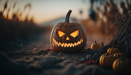 Halloween pumpkin in the field at sunset. Selective focus.の素材