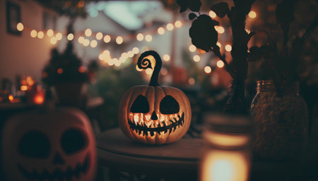 Halloween pumpkins on a table at night. Selective focus.の素材
