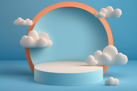 Abstract minimal scene with blue podium, sky and clouds. 3d renderの素材