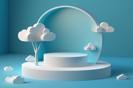 3d abstract minimal geometric forms. Glossy white podium for your design in blue studio with clouds and arch.の素材