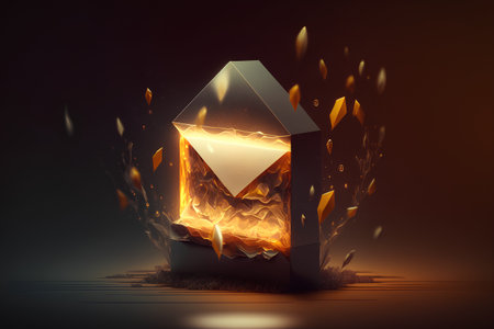 3d illustration of open box with golden fire inside on dark backgroundの素材