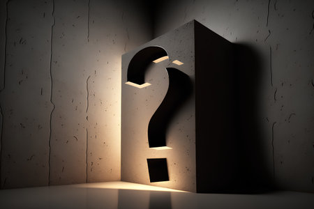 Glowing question mark in dark room with concrete wall and floor, 3d renderの素材