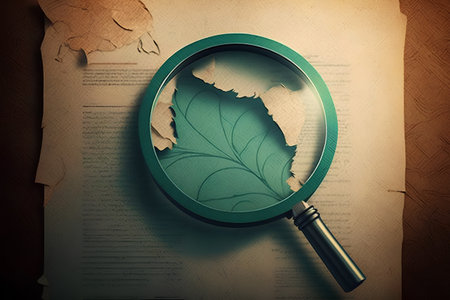 Magnifying glass and leaf on old paper sheet with filter effect retro vintage styleの素材
