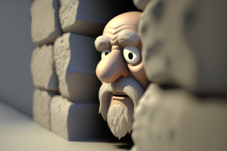 3D render of a cartoon character with a beard leaning against a wallの素材