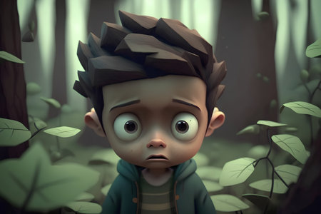 Surprised boy in the forest - 3d render illustration.の素材
