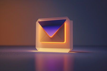 Glowing neon email icon on dark background. 3D rendering.の素材