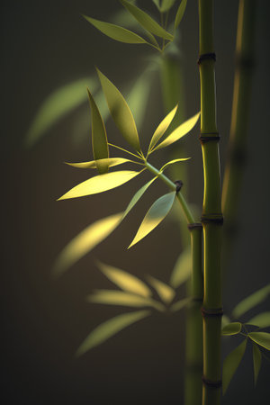 Green bamboo leaves on dark background. 3D illustration. Copy space.の素材