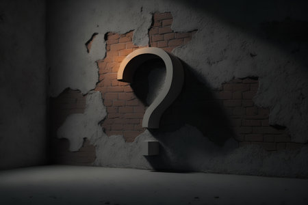 question mark in dark room, 3d render, brick wall backgroundの素材